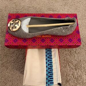 Tory Burch Gray Quilted Flats with Gold Logo